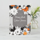Moderne bloemenzwart, wit, oranje bruiloft kaart (Staand voorkant)