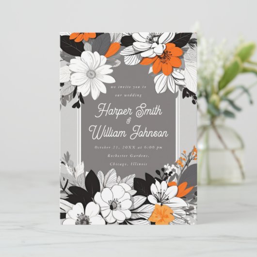 Moderne bloemenzwart, wit, oranje bruiloft kaart (Staand voorkant)