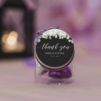 Moderne bloemenzwarte bruiloft dank u ronde sticker