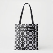 Moderne bloemenzwarte en witte geruite aangepaste tote bag (Voorkant)