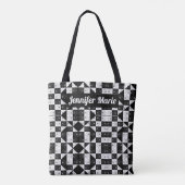 Moderne bloemenzwarte en witte geruite aangepaste tote bag (Achterkant)