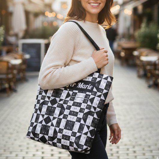Moderne bloemenzwarte en witte geruite aangepaste tote bag