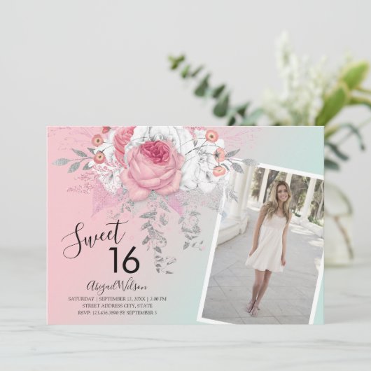 Moderne bloemetjeszestienjarige verjaardag kaart (Staand voorkant)