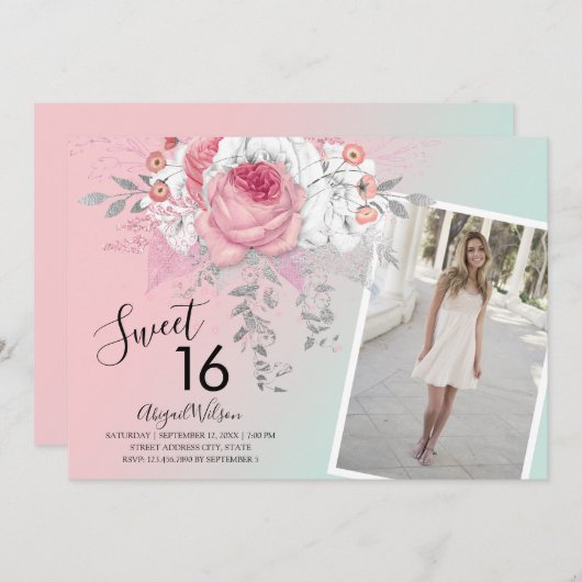 Moderne bloemetjeszestienjarige verjaardag kaart (Voorkant / Achterkant)