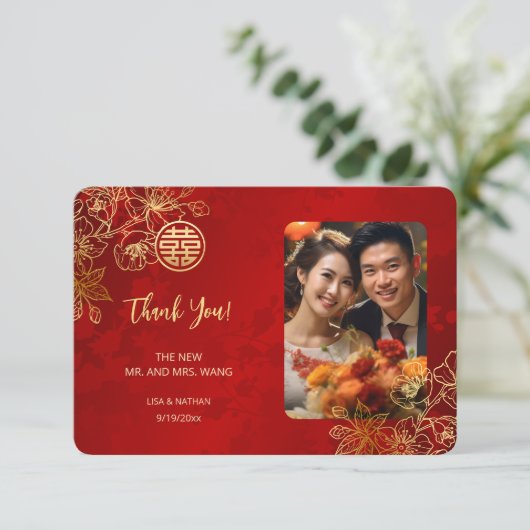 Moderne Bloemfoto Chinese bruiloft Bedankkaart (Staand voorkant)