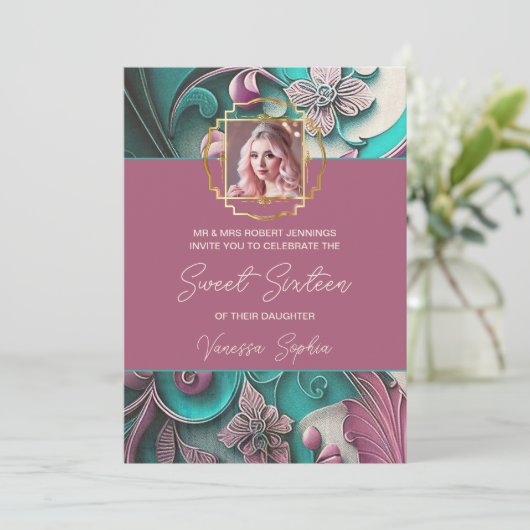 Moderne Bloemfoto Sweet Sixteen Uitnodiging (Staand voorkant)