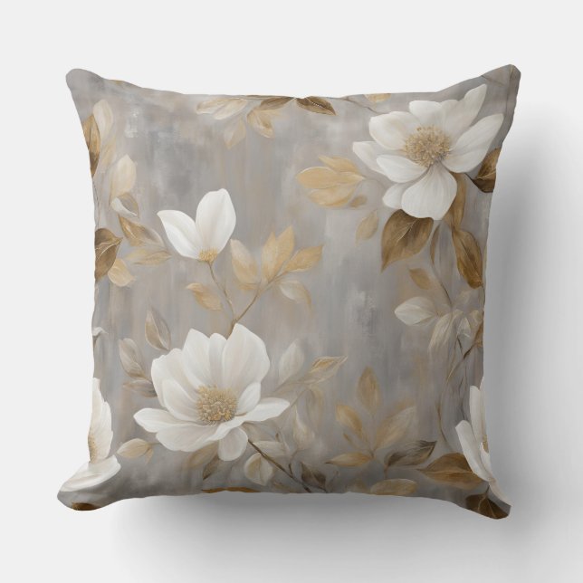 Moderne Bloemgrijs Wit Goud Print Kussen (Voorkant)