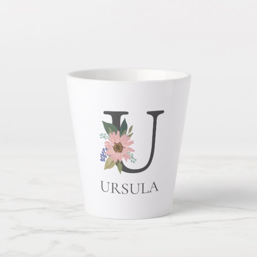 Moderne bloemige aanpasbare monogramletter U Latte Mok (Voorkant)
