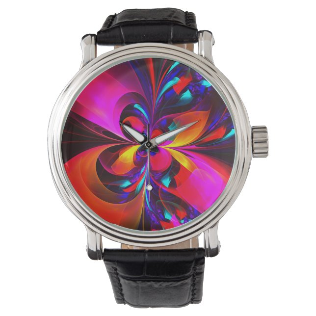 Moderne bloemige Abstracte kunst rood blauw patroo Horloge (Voorkant)