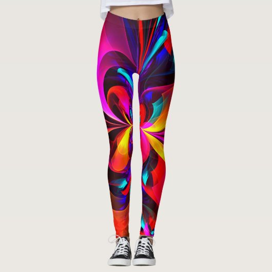 Moderne bloemige Abstracte kunst rood blauw patroo Leggings (Voorkant)