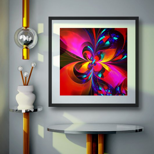 Moderne bloemige Abstracte kunst rood blauw patroo Poster