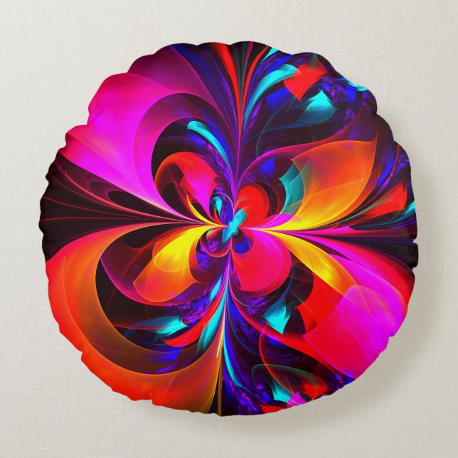 Moderne bloemige Abstracte kunst rood blauw patroo Rond Kussen (Voorkant)