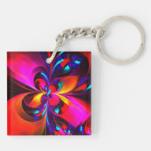 Moderne bloemige Abstracte kunst rood blauw patroo Sleutelhanger (Achterkant)