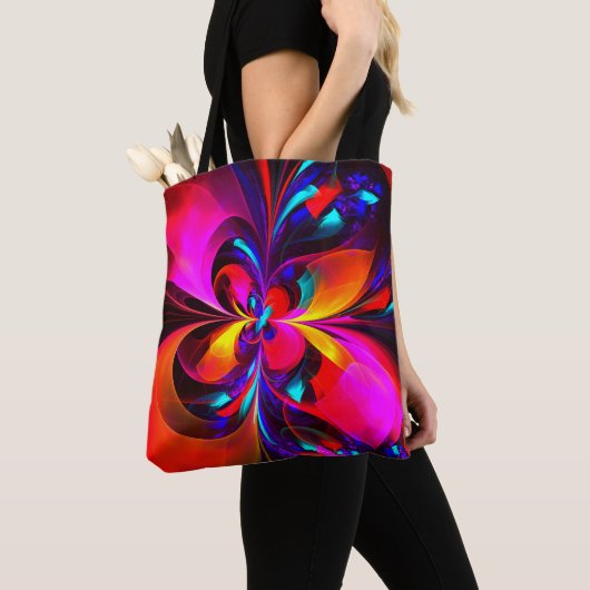 Moderne bloemige Abstracte kunst rood blauw patroo Tote Bag (Dichtbij)
