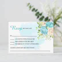 Moderne bloemige aquablauwe trouw-RSVP kaart