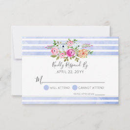 Moderne Bloemige Aquarel Blauwe Streep Bruiloft RS RSVP Kaartje