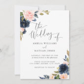 Moderne Bloemige Aquarel Blush Navy Bruiloft Kaart (Voorkant)