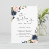 Moderne Bloemige Aquarel Blush Navy Bruiloft Kaart (Staand voorkant)
