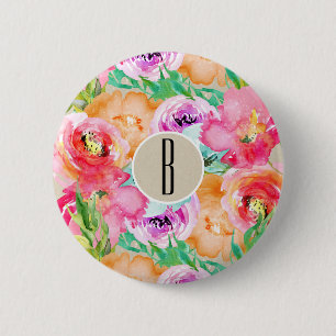 Moderne Bloemige Aquarel Kraft Rustieke Gepersonal Ronde Button 5,7 Cm