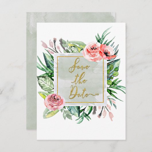 Moderne Bloemige Aquarel Save the Date Trouwkaart Aankondigingskaart (Voorkant / Achterkant)