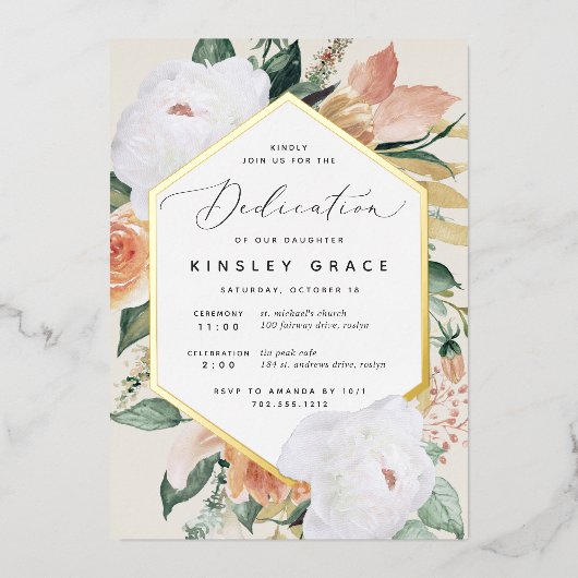 Moderne bloemige baby-inwijding in boho-stijl folie uitnodiging (Voorkant)