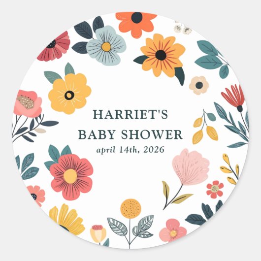 Moderne bloemige babyshower ronde sticker (Voorkant)