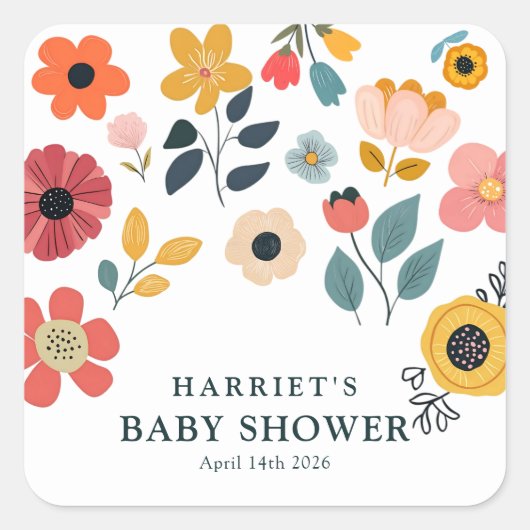 Moderne bloemige babyshower vierkante sticker (Voorkant)
