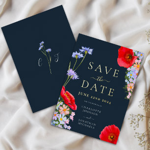 Moderne bloemige blauwe rode trouw save the date g folie uitnodiging