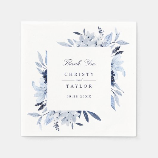 Moderne bloemige blauwe waterverf gepersonaliseerd servet (Voorkant)
