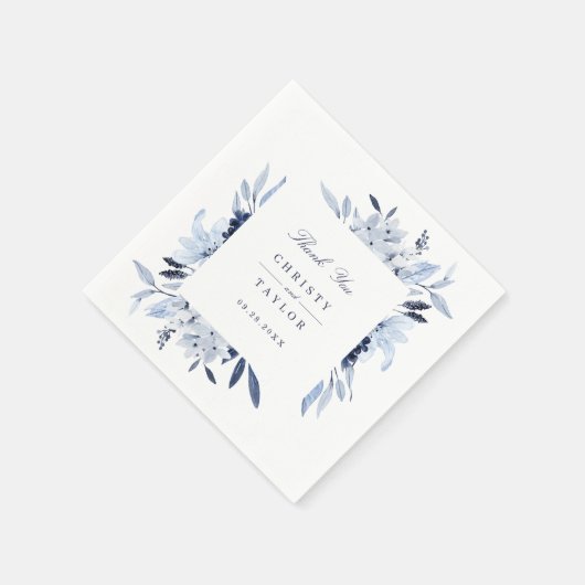 Moderne bloemige blauwe waterverf gepersonaliseerd servet (Hoek)