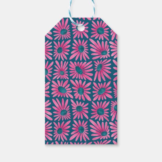Moderne bloemige blokdruk roze madeliefje cadeaulabel (Voorkant)