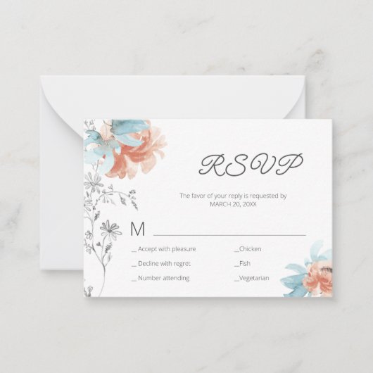 Moderne bloemige elegante bruiloft mini RSVP-kaart Notitiekaartje (Voorkant)