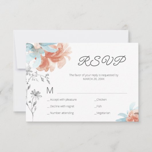 Moderne bloemige elegante lijn tekening bruiloft RSVP kaartje (Voorkant)