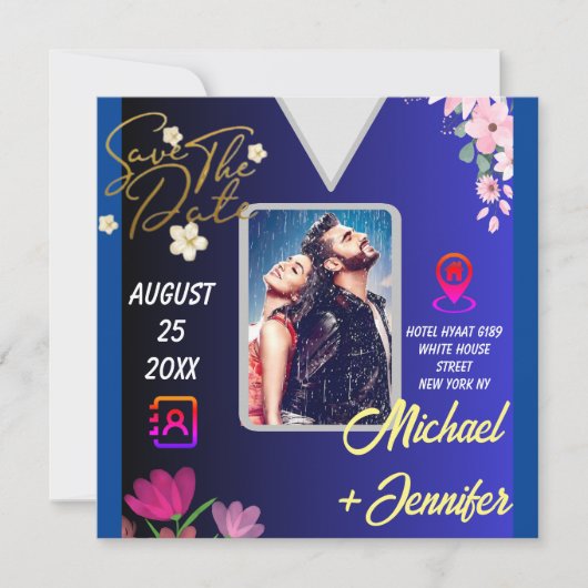 Moderne Bloemige Foto QR Code Trouwkaart Save the  Date (Voorkant)