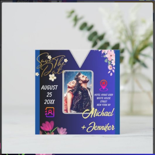 Moderne Bloemige Foto QR Code Trouwkaart Uitnodigi Save The Date