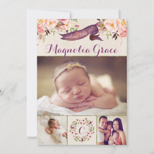 Moderne bloemige geboortekaarten voor babymeisjes aankondiging