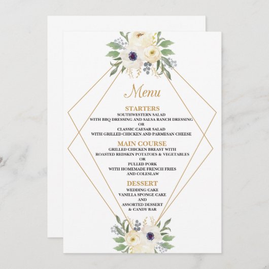 Moderne bloemige geometrische bruiloft menu Kaart (Voorkant / Achterkant)