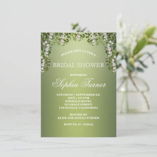 Moderne bloemige groene bruidsdouche uitnodiging (Staand voorkant)