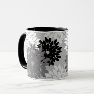 Moderne Bloemige Kimono Print, Grijs, Zwart en Wit Mok