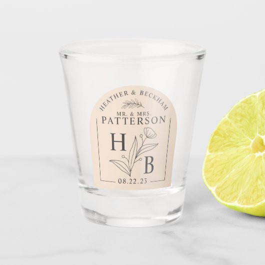 Moderne bloemige laurier bruiloft shotglas shot glas (Voorkant)