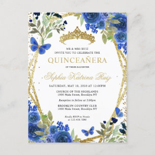 Moderne bloemige marine blauw goud tiara quinceañe briefkaart