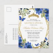 Moderne bloemige marine blauw goud tiara quinceañe briefkaart (Voorkant / Achterkant)