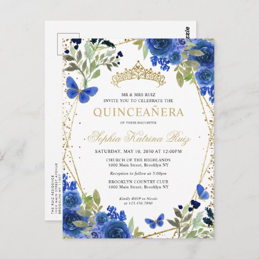 Moderne bloemige marine blauw goud tiara quinceañe briefkaart (Voorkant / Achterkant)
