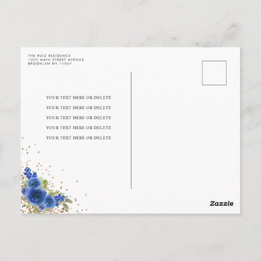 Moderne bloemige marine blauw goud tiara quinceañe briefkaart (Achterkant)