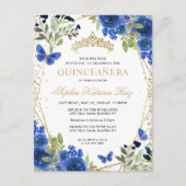 Moderne bloemige marine blauw goud tiara quinceañe briefkaart (Voorkant)