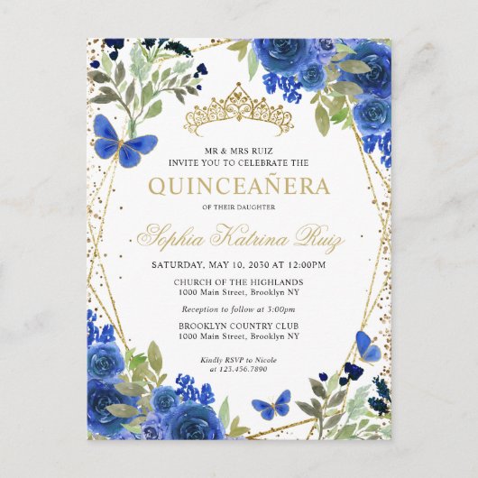 Moderne bloemige marine blauw goud tiara quinceañe briefkaart (Voorkant)