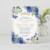 Moderne bloemige marine blauw goud tiara quinceañe kaart (Staand voorkant)