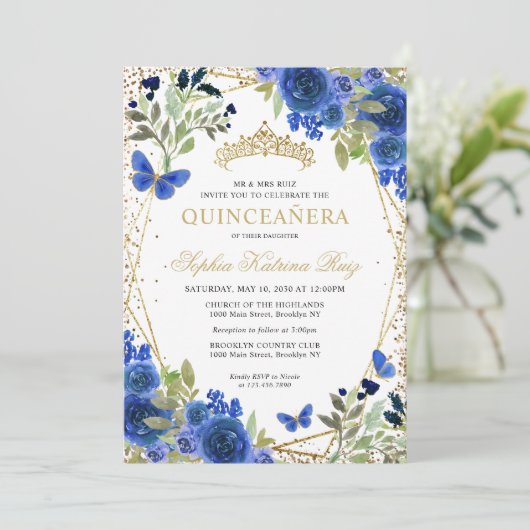 Moderne bloemige marine blauw goud tiara quinceañe kaart (Staand voorkant)