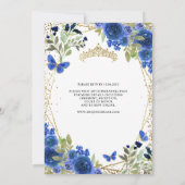Moderne bloemige marine blauw goud tiara quinceañe kaart (Achterkant)