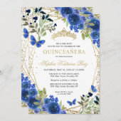 Moderne bloemige marine blauw goud tiara quinceañe kaart (Voorkant / Achterkant)